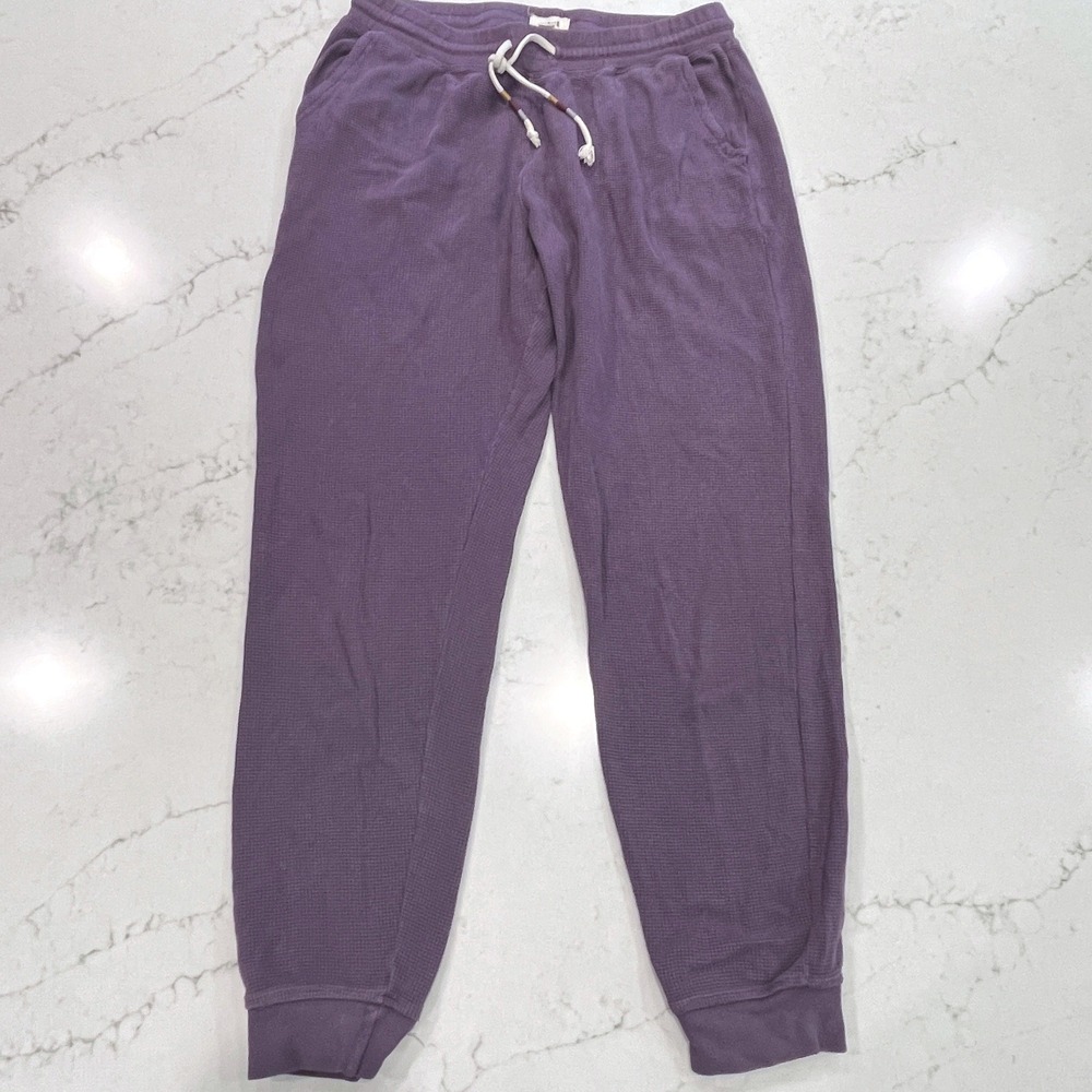 Pact Waffle Knit Joggers Women L Purple Organic Cotton Drawstring Pants Thermal